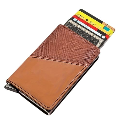 THEPOS Leder-Geldbörse mit automatischem Kartenhalter for Herren, schlanke RFID-blockierende Geldklammer-Geldbörsen, minimalistische Geldbörse mit Geldfach(Color:Brown) von THEPOS