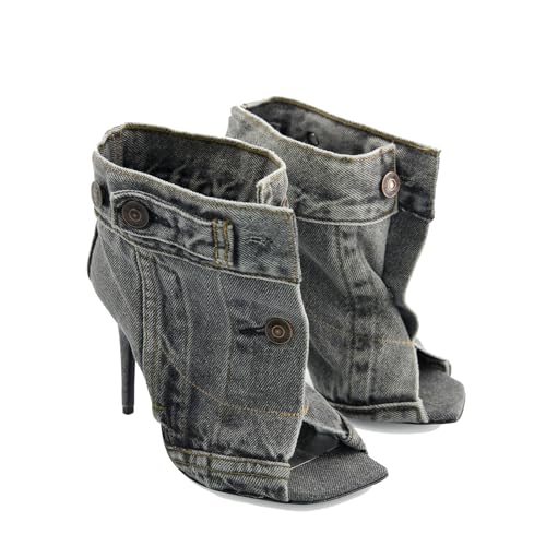 THESHY Damen Peep Toe Stiletto High Heel Knöchel Denim Stiefel Metall Knopf Sandalen Bootie Mode Schuhe für Frauen, GRAU, 35 EU THESHY Damen Peep Toe Stiletto High Heel Knöchel Denim Stiefel Metall Knopf Sandalen Bootie Mode Schuhe für Frauen, GRAU, 35 EU von THESHY