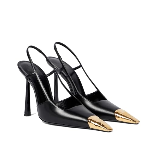THESHY Slingback-Schuhe für Damen, aus Metall, spitzer Zehenbereich, Leder, hoher Stiletto-Absatz, Schlupfschuhe, elastischer Riemen, modische Schuhe für Damen, Schwarz, 37 EU von THESHY