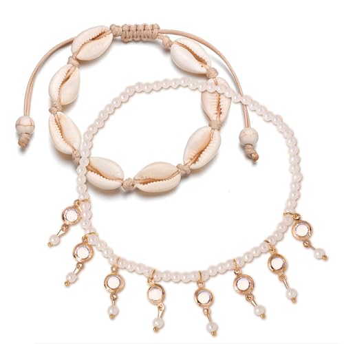 THETAG Fußkettchen, Boho Mehrschichtige Fußkette Natürliche Muschel Handgewebte Verstellbare Fußkette Perlen Fußkettchen Schmuck für Frauen und Mädchen von THETAG