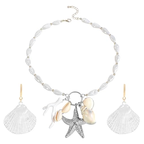 Muschel Halskette Ohrring Set,THETAG Boho Kette Perlenkette Meerjungfrau Muschel Schmuck,Seascape Fotografie Zubehör von THETAG