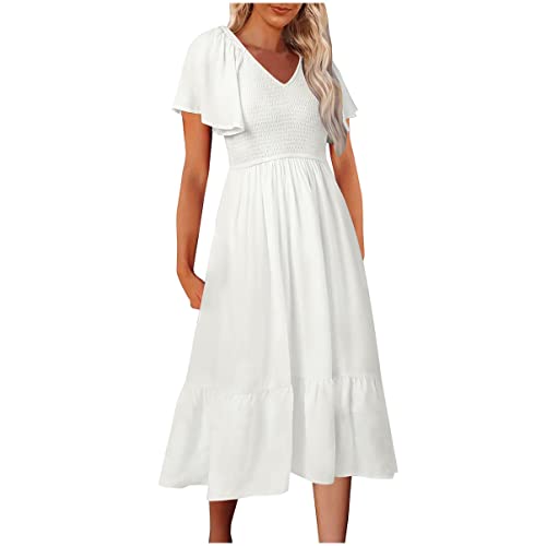 THETIE Sommerkleider For Damen Empire Taillenkleid Gesmoktes Flatterkleid Kurzärmelig V Ausschnitt Midi Kleider (Color : Bianco, Size : L/Large) von THETIE