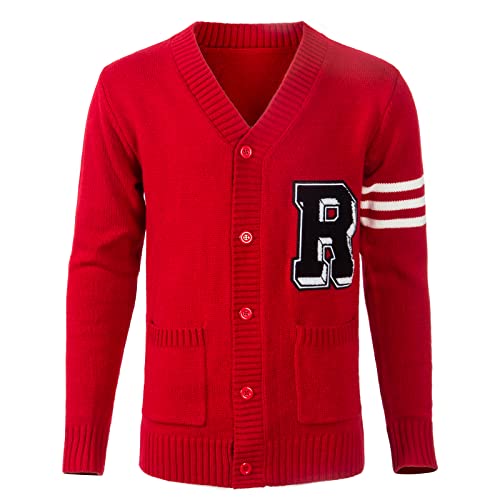 Herren 1950er Jahre Letterman Cardigan Sweater Hip Hop 50er Jahre Cardigan Pullover V-Ausschnitt Langarm Cardigan Winter Pullover, Rot/Ausflug, einfarbig (Getaway Solids), 3X-Groß von THEUU