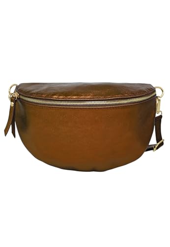 TheWan Halbmond Große Bauchtasche, Brusttasche, italienisches Leder, Damen, Halbmondtasche, Gürtel und Traverse, Rindsleder, Einheitsgröße, Maße: 18 x 29 x 7 cm, Kamel, schillernd, one size, von THEWAN.