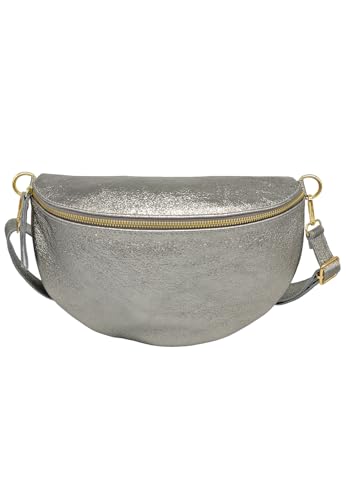 TheWan Halbmond Große Bauchtasche, Brusttasche, italienisches Leder, Damen, Halbmondtasche, Gürtel und Traverse, Rindsleder, Einheitsgröße, Maße: 18 x 29 x 7 cm, silber, one size, Zeitgenössisch von THEWAN.