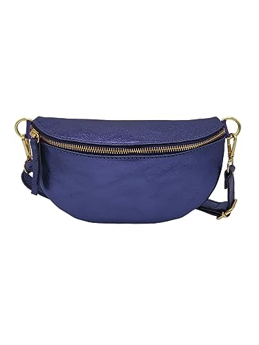 TheWan Halbmond kleine Bauchtasche, Brusttasche, italienisches Leder, Damen, Halbmondtasche, Gürtel und Traverse, Rindsleder, Maße: 12 x 22 x 5 cm, Blau schillernd, one size, Zeitgenössisch von THEWAN.