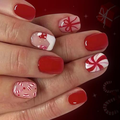 24pcs Holiday Glitter Nails Red Snowflake Candy Cane Designs Abs Press Auf Manicure Christmas Party Cane Fake Nagel von THINCAN