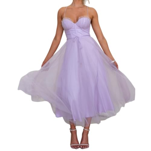 Damen Kleid mit tiefem Ausschnitt, Spaghettiträgerkleid, ausgestelltes Midikleid, fließendes A-Linienkleid, ärmellos, tief Ausgeschnitten von THINCAN