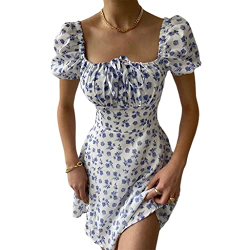 Damen Vintage Blumendruck Quadratischer Halsausschnitt Schnürung Vorne Swing Minikleid Puff Kurzarm Plissiert A-Linie Fließendes Strandkleid von THINCAN