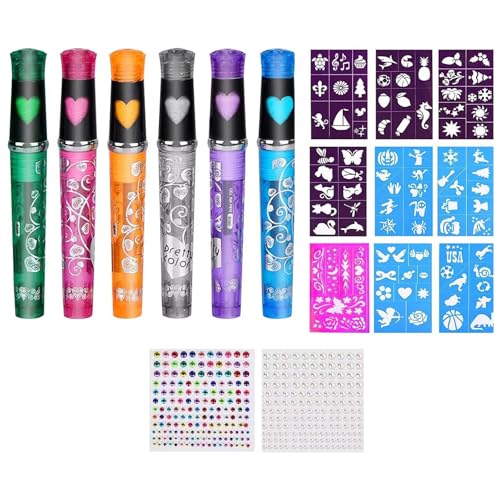 Glitzernder Körperkunststift Mit 9 Schablonen Und Aufkleber 6 Farbwaschbarer Gesichtskörpermarker Stift Für Kid Adult Party Dress Up Temporärer Hautmarker von THINCAN