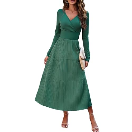 Kleider Damen sommerEinfarbiges Damenkleid mit Langen Ärmeln, V-Ausschnitt, fließendes langes Kleid, A-Linie, hohe Taille, Elegantes Kleid, Tunikakleid, gesmoktes Kleid von THINCAN