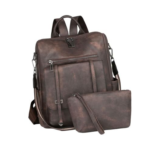 Retro Leather School Rucksack Und Make Up Tasche Für Frauen Retro Leder Schul Umhängetaschen Für Tägliche Pendel Und Reisen Rucksacktasche Set Casual Daypacktaschen von THINCAN