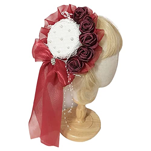 Sweet Pearl Perlen Spitzen Top Mit Rosenblumenband Bowknot Kopfschmuck Cosplay Haarzubehör von THINCAN
