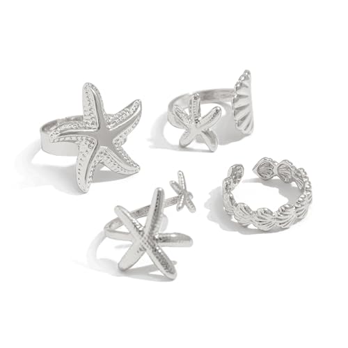 THINCAN 4pcs Hot Day Schmuckset Verstellbare Meeresringe Seestarfishes & Shell Design Damen Modelegierung Ringe Gold Silber Töne Urlaub Schmuckset von THINCAN