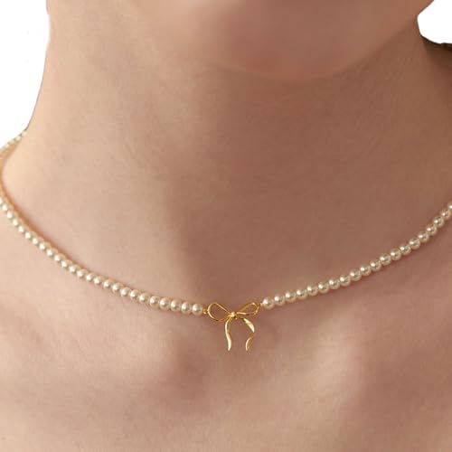 THINCAN Elegante Perlen Bowknot Perlen Halskette In Wahrer Gold Oder Silber Finish Raffinerienkette Für Besondere Anlässe Trendy Bowknot Anhänger Halskette von THINCAN