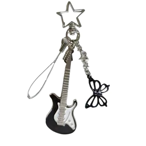 THINCAN Handgefertigter Star Buckle Keychain Stylish Telefonkette E Gitarre Und Schwarzer Schmetterling Anhänger Keyring Für Musikliebhaber von THINCAN