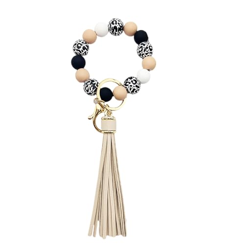 THINCAN Holzperlen Armband Schlüsselbund Stylish Armband Schlüssel Schmuck Mit PU Tassels Bag Accessoires Für Passende Mode Look Perlen Keychain von THINCAN