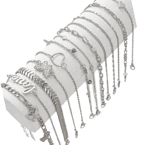 THINCAN Modische Kristalle Fußketten Set 13pcs Butterfly Heart Sachkets Silbertonschmuck Für Strandpartys Strand Schmuck Setzbaum Sets von THINCAN