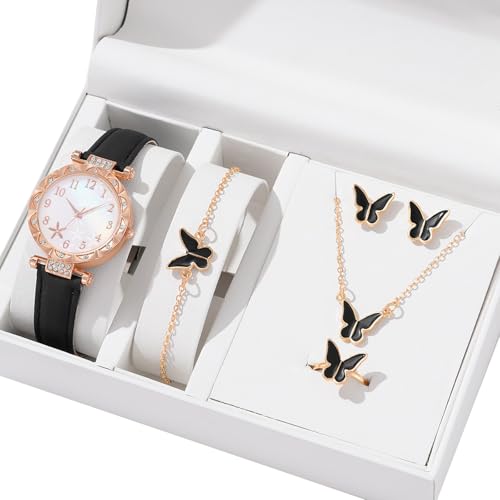 THINCAN Passende Uhrenschmuck Set Halskette Armband Ringe Ohrringe Moderne Legierungszubehör Schmetterlingsbethema Alloy Fashion Set Women Mode Schmuck von THINCAN