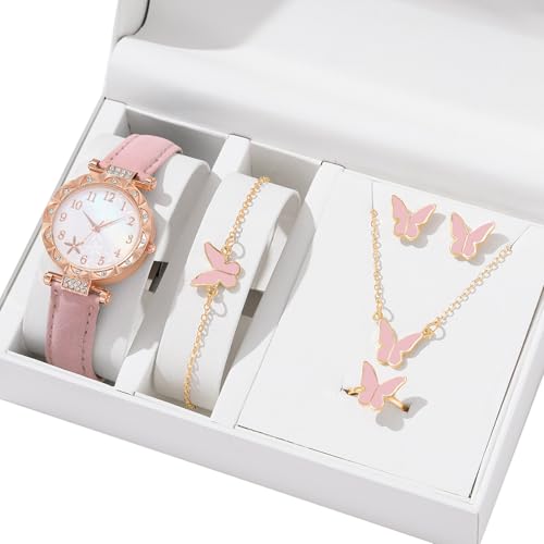 THINCAN Passende Uhrenschmuck Set Halskette Armband Ringe Ohrringe Moderne Legierungszubehör Schmetterlingsbethema Alloy Fashion Set Women Mode Schmuck von THINCAN