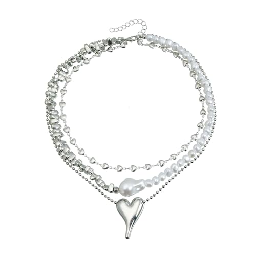 THINCAN Stapeling Silver Heart Halskette Strasssteine Perlen Punkstile Stapelbare Schlüsselblattketten Schmuck Für Frauen Geschenkkette Für Frau Oder Mutter von THINCAN