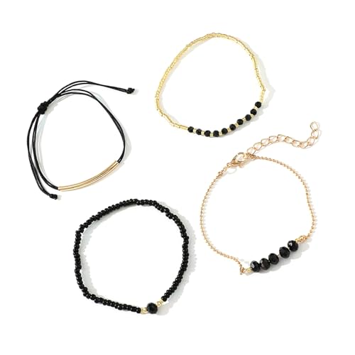 THINCAN Stylish Faux Black Crystal Perlen Armband Set Mehrschichtiger Perlen Armband Handgemachte Abend Party Accessoire Schwarzer Kristall Imitation Schmuck Schmuck von THINCAN
