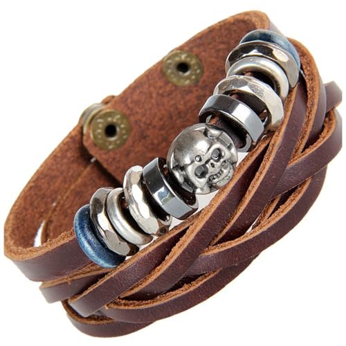 THINCAN Vintage Handgefertigtes Lederschädel Armband Mehrschichtiges Armband Lederband Handgelenkschmuck Für Mode Enthusiasten Perlen Schädel von THINCAN