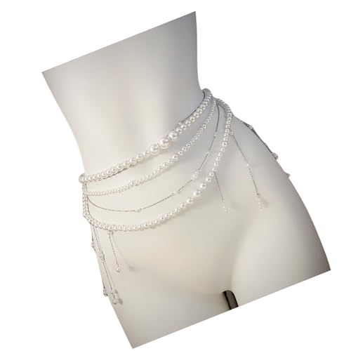 THINCAN Verstellbare Multi Stränge Perlen Körperketten Stapelbare Taille Schmuckzubehör Für Kleiderhemden Und Lässige Outfits Verstellbarer Metallic Pearls Gürtel von THINCAN