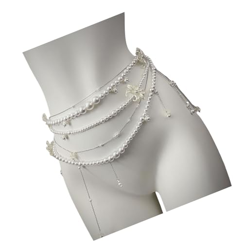 THINCAN Verstellbare Multi Stränge Perlen Körperketten Stapelbare Taille Schmuckzubehör Für Kleiderhemden Und Lässige Outfits Verstellbarer Metallic Pearls Gürtel von THINCAN