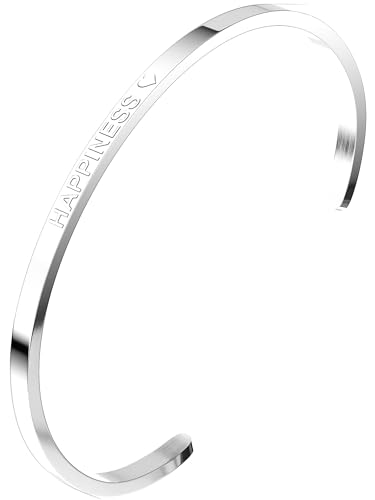 THIORA Armreif Damen | Premium Edelstahl Armband | Gravur, Spruch & Symbole | Flexible Größe | Geschenk für Frauen (Happiness - Silber) von THIORA