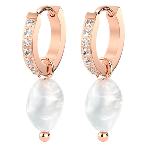 THIORA Damen Perlenohrringe - 'Caribbean Glow' | 2 in 1 | Edelstahl Creolen | 18kt Gold/Rosegold | Zirkonia | Perle | Nickelfrei | Ohrringe für Frauen (Rosegold) von THIORA