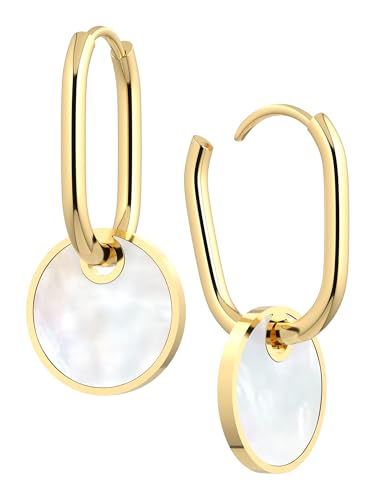 THIORA 'Pearl Oasis' Creolen Gold Damen | Echte Perlmutt Plättchen | Premium Edelstahl Ohrringe | Naturverbundene Eleganz, Geschenk mit Herz von THIORA