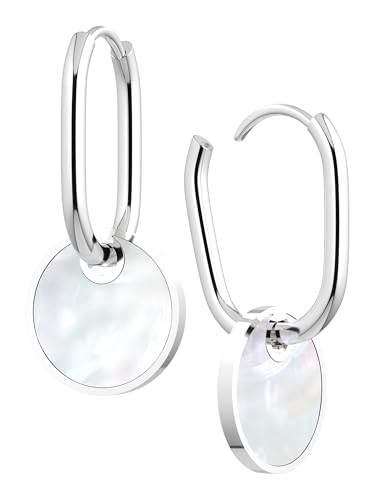 THIORA 'Pearl Oasis' Creolen Silber Damen | Echte Perlmutt Plättchen | Premium Edelstahl Hoops | Zeitlose Schönheit, Geschenk mit Herz von THIORA