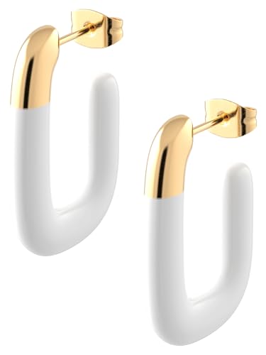 THIORA Damen Creolen aus Edelstahl 18k vergoldet – 'Tahiti Tide' Ovale Ohrringe mit Weiß Emaille, 2,45 cm | Nickelfrei & Wasserfest (Gold-Weiß) von THIORA