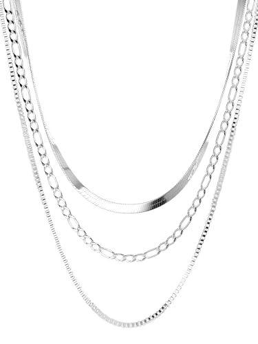 THIORA Layering Kette Silber Layers of Maui | 42cm + 6cm Länge | Halskette Damen | Schlangenkette Figaro Venezianerkette | Hochwertiger Edelstahl | Necklace | Dreifach (Silber) von THIORA