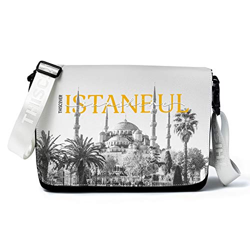 THISCOVER Umhängetasche - Laptoptasche - istanbul sun - Tasche mit austauschbarem Cover - Deckel - Messenger Bag Wickeltasche, Korpusfarbe:schwarz, Gurtfarbe:weiß von THISCOVER