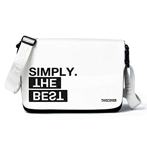 THISCOVER Umhängetasche - Laptoptasche - simply best - Tasche mit austauschbarem Cover - Deckel - Messenger Bag Wickeltasche, Korpusfarbe:schwarz, Gurtfarbe:weiß von THISCOVER