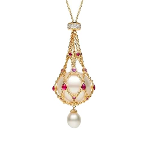 THJFBBNULQ Perlen- und Edelstein-Lavalier-Anhänger, handgefertigte natürliche Perlenkäfig-Halskette,aus Metall geflochtene Mesh-Kristall-Ständer-Halskette (A) von THJFBBNULQ