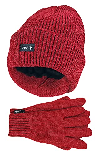 THMO - Damen Thinsulate Fleecefutter Mütze Handschuhe Set für Extreme Kälte (Einheitsgröße, Rot) von THMO