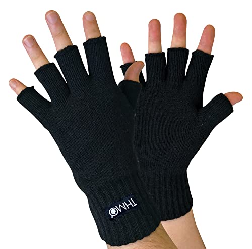 THMO - Herren Winter Strick Fingerlose Handschuhe mit 3M 40g Thinsulate Insulation Gefüttert (M/L, Black) von THMO