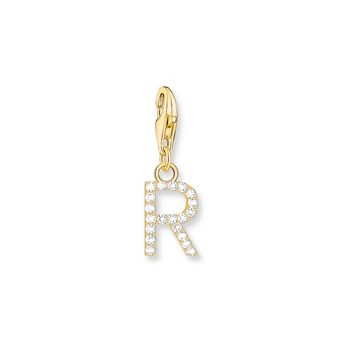 THOMAS SABO Charm-Anhänger Buchstabe R mit weißen Steinen vergoldet 750 Gelbgold Vergoldung, 925 Sterlingsilber von THOMAS SABO