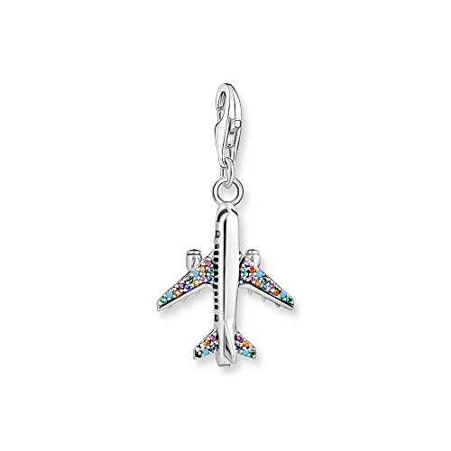 THOMAS SABO Charm-Anhänger Flugzeug aus leicht geschwärztem 925er Sterlingsilber in der Form eines Flugzeug, mit Zirkoniasteinen verziert, Maße: 31 x 16 mm,1914-342-7 von THOMAS SABO