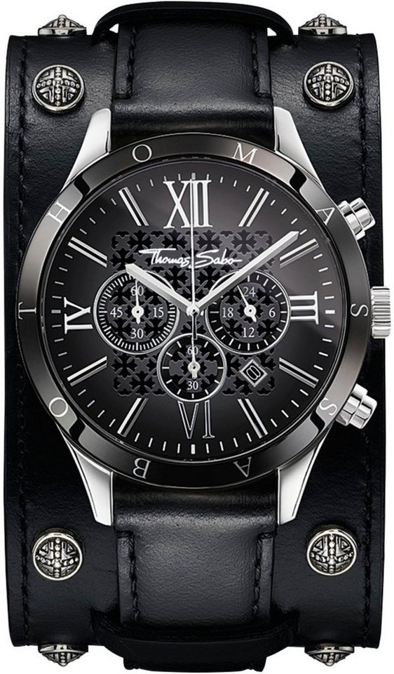 THOMAS SABO Chronograph REBEL ICON WA0140-218-203-43 MM, (Set, 2-tlg., mit abnehmbarem breiten Lederarmband), Armbanduhr, Herrenuhr, Tag, analog, Stoppfunktion, Lederarmband von THOMAS SABO
