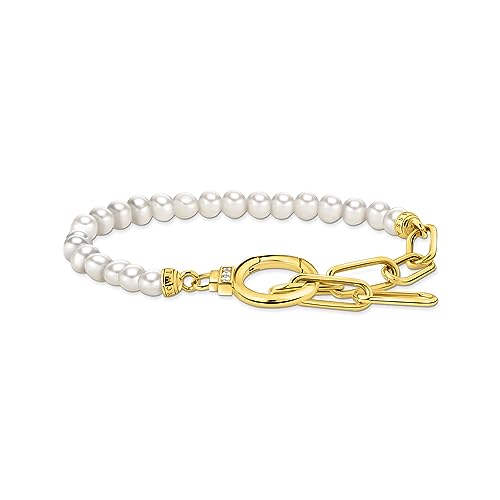 THOMAS SABO Damen Armband aus Perlen und Ankerelementen mit weißen Steinen vergoldet 750 Gelbgold Vergoldung, 925 Sterlingsilber A2134-445-14 von THOMAS SABO