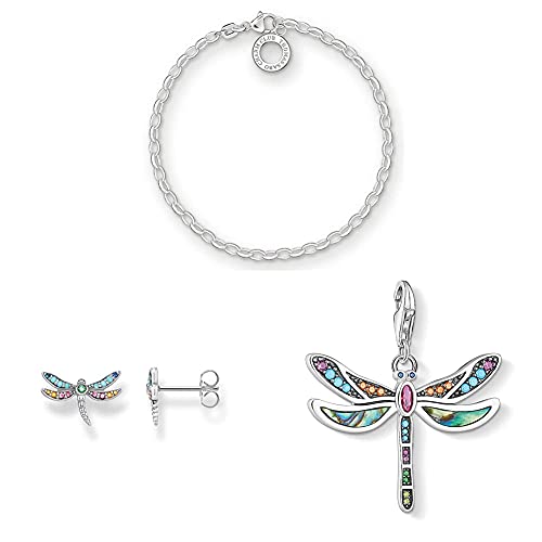 THOMAS SABO Damen Charm-Armband Classic Charm + Ohrstecker Libelle Bunt Geschwärzt + Together Herz Klein von THOMAS SABO