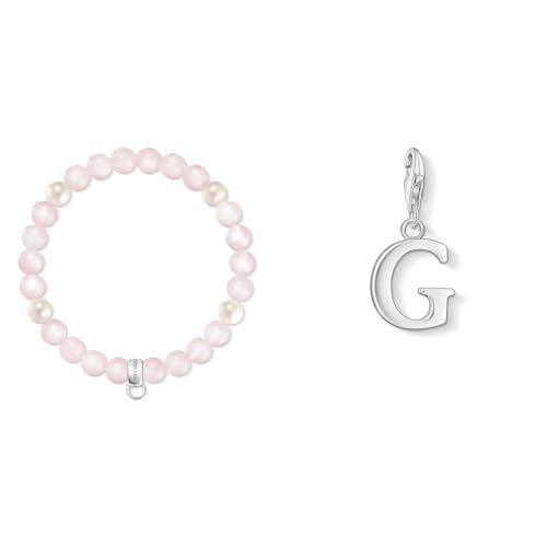 THOMAS SABO Damen Charm-Armband Rosenquarz Süßwasserzuchtperle 925 Sterling Silber X0222-469-9 & Damen Charm-Anhänger G Buchstabe Charm Club 925 Sterling Silber 0181-001-12 von THOMAS SABO