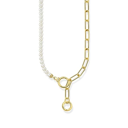 THOMAS SABO Damen Collier aus Süßwasserzuchtperlen und Gliederkette mit weißen Steinen vergoldet 750 Gelbgold Vergoldung, 925 Sterlingsilber KE2193-445-14 von THOMAS SABO