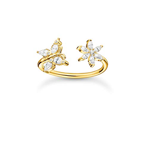 THOMAS SABO offener Ring in Gold, Schmetterling und Blüte mit Zirkonia Steinen, 750 vergoldung, 925 Sterlingsilber, Ringgröße 56, TR2355-414-14-56 von THOMAS SABO