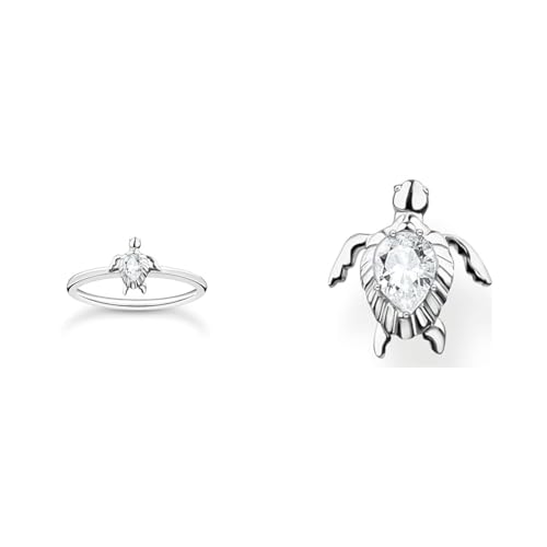 THOMAS SABO Damen Ring Schildkröte Silber 925 Sterlingsilber TR2401-051-14 & Einzel Ohrstecker in Form einer Schildkröte mit Zirkonia Stein aus Sterling-Silber, Maße: 9mm x 7mm, H2235-051-14 von THOMAS SABO