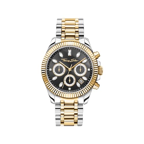 THOMAS SABO Unisex Uhr Divine Chrono mit Zifferblatt in Schwarz gelbgoldfarben Edelstahl, Edelstahl Silberfarben WA0398-291-201 von THOMAS SABO